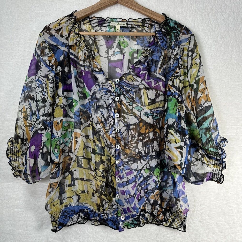 VELVET HEART Multicolor 3/4 Sleeve Sheer Blouse 100% Silk Size Large